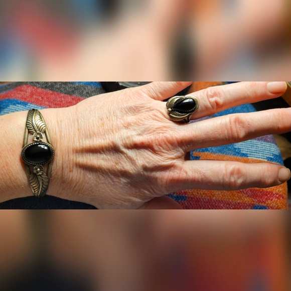 Native American Vintage Silver Black Onyx Necklace Watchband Bracelet Ring Set - Picture 8 of 15